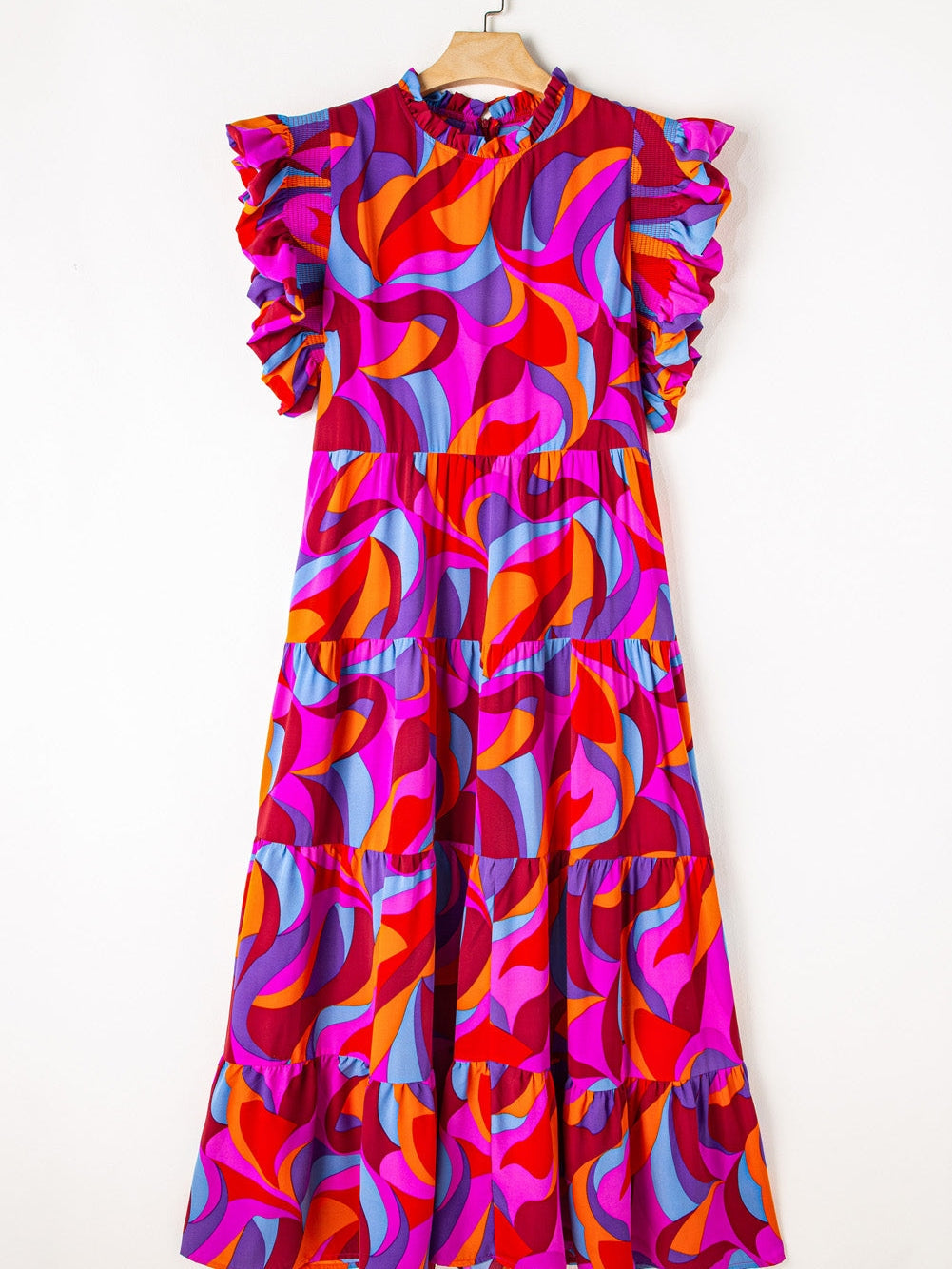 Abstract Multicolour Ruffled Sleeve Maxi Dress with Mock Neck