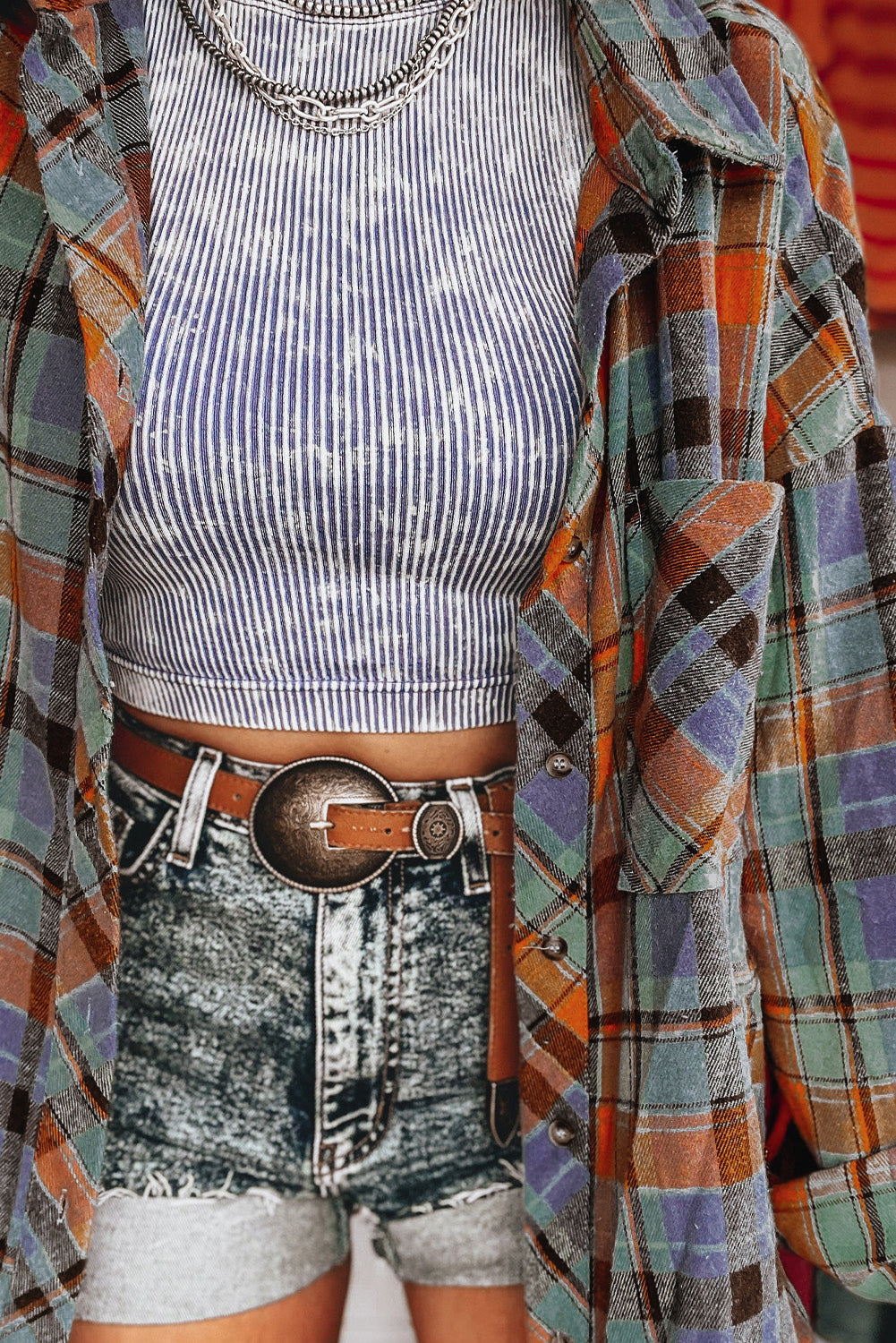 Orange Plaid Print Loose Vintage Shirt