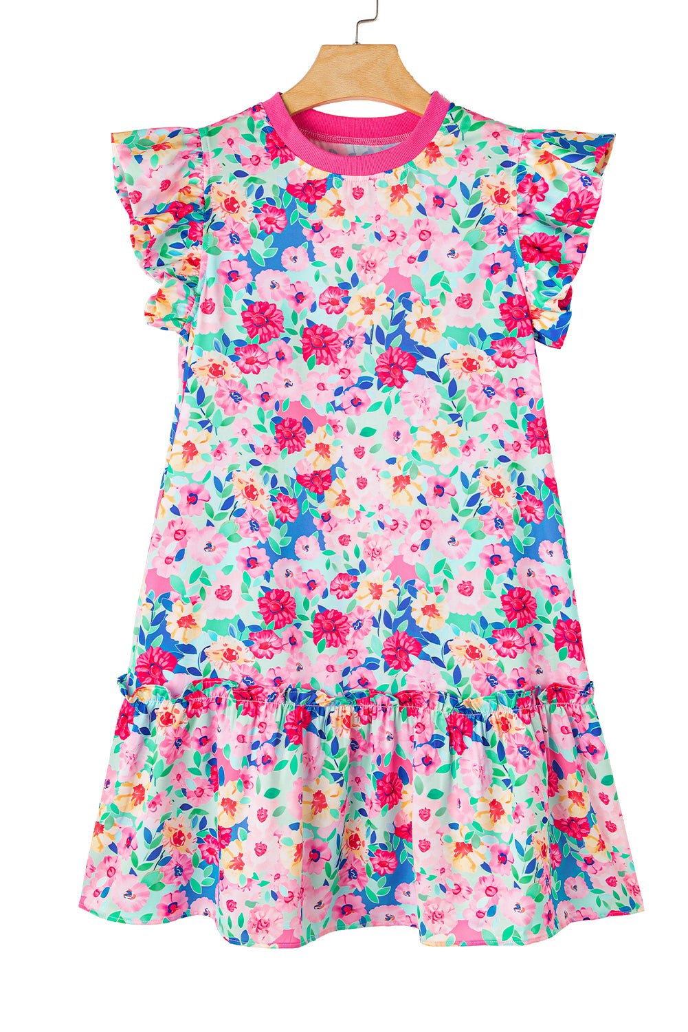 Multicolour Floral Print Flutter Sleeve Ruffled Mini Dress