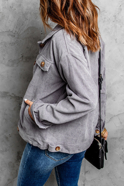 Gray Ribbed Corduroy Long Sleeve Jacket with Pocket