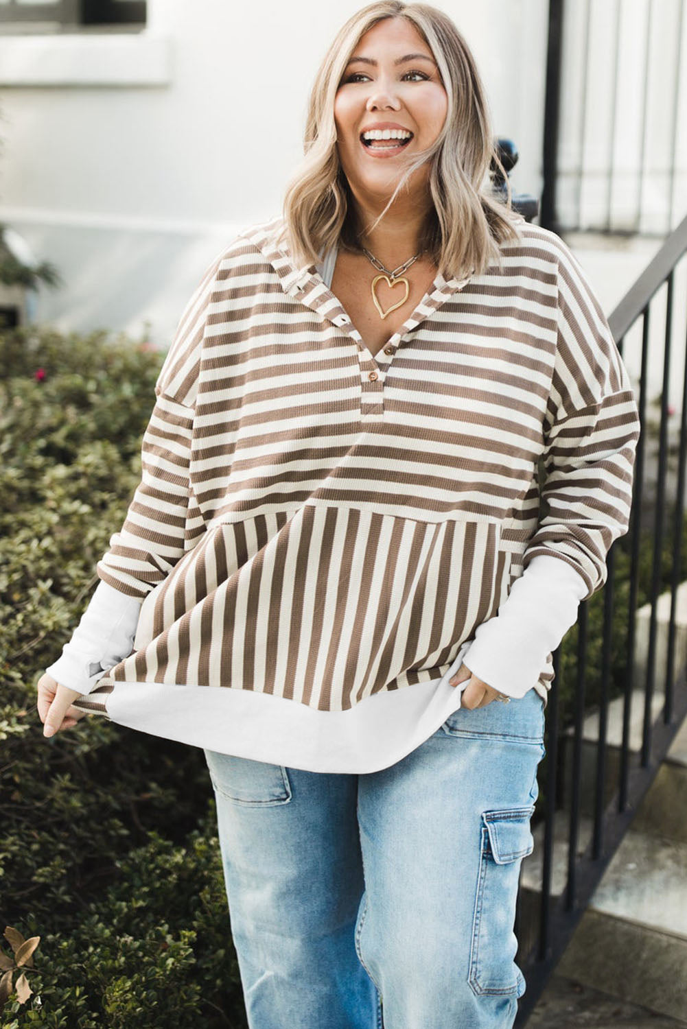 Brown Stripe Quarter Buttons Drop Sleeve Plus Size Hoodie