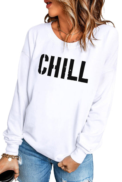 White CHILL Graphic Long Sleeve Pullover Sweatshirt