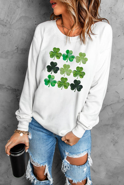 White St. Patrick's Day Clover Print Long Sleeve Sweatshirt