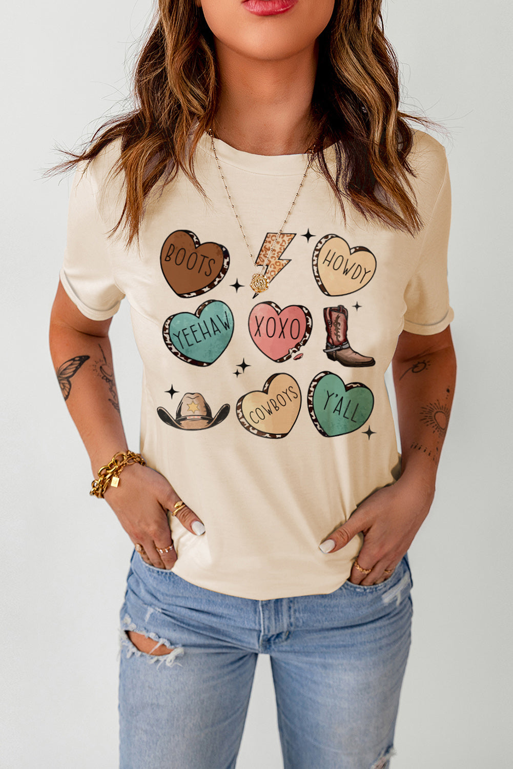 Khaki Western Fashion Valentine Graphic T-shirt