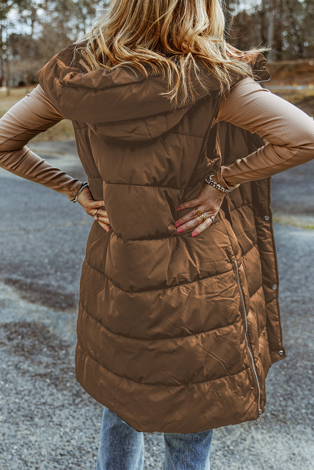 Chestnut Hooded Long Quilted Vest Coat