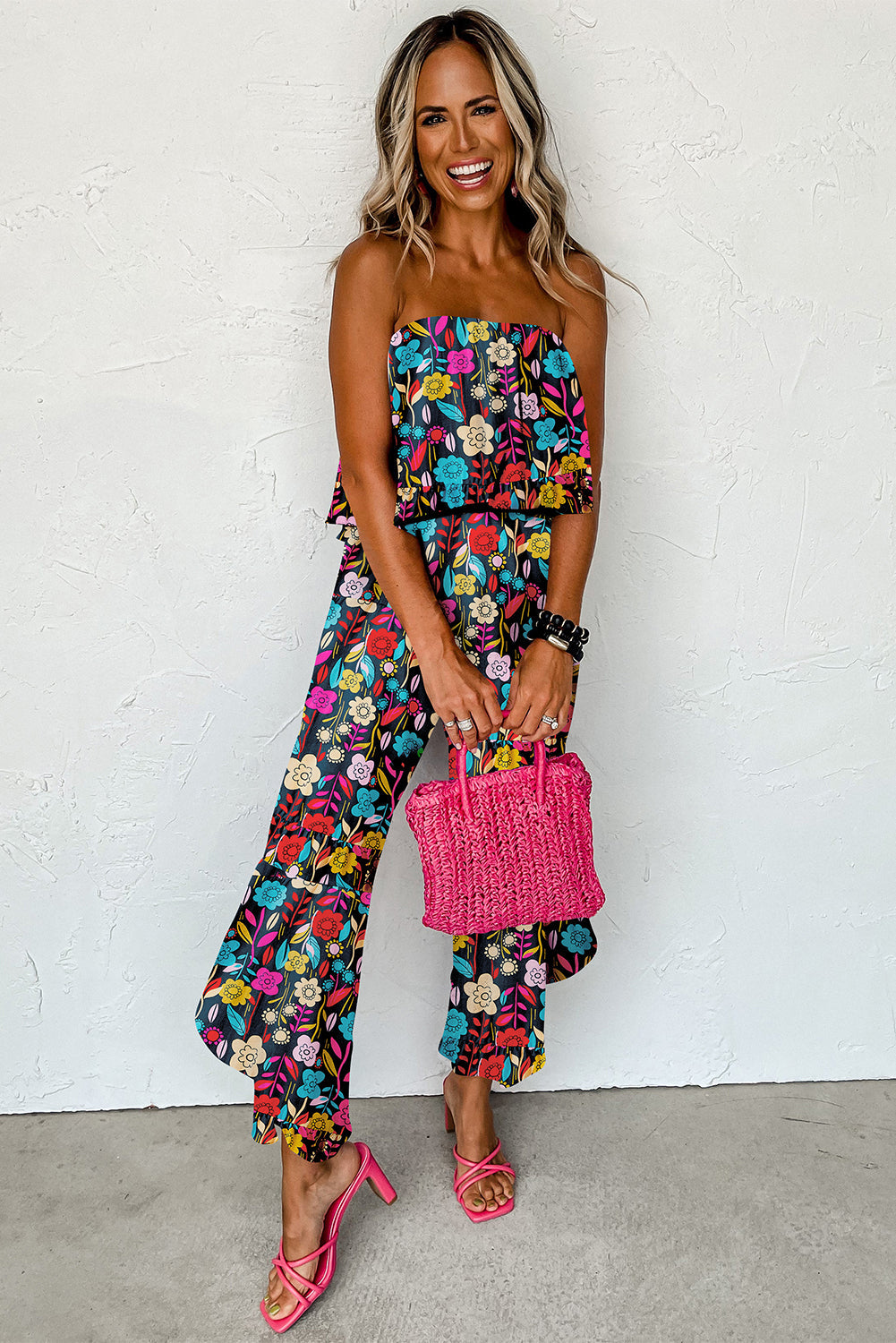 Red Mix Tropical Print Strapless Ruffled Jumpsuit