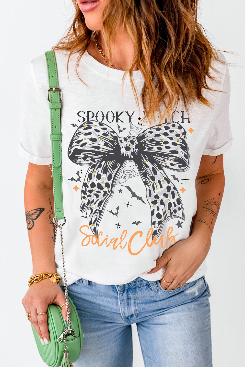 White SPOOKY WITCH Leopard Bowknot Bat Graphic Halloween T Shirt