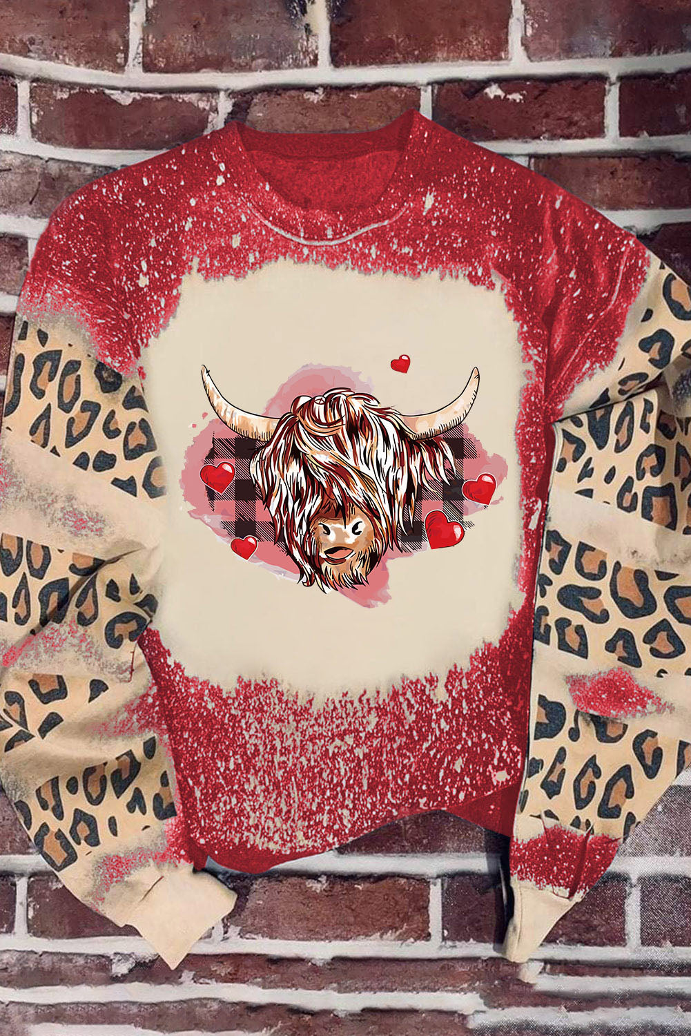 Fiery Red Valentines Heifer Graphic Print Leopard Bleached Sweatshirt