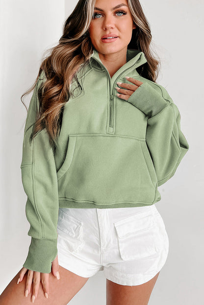 Smoke Green Fleece Lined Zip Up Stand Collar Thumbhole Sleeve Sweatshirt