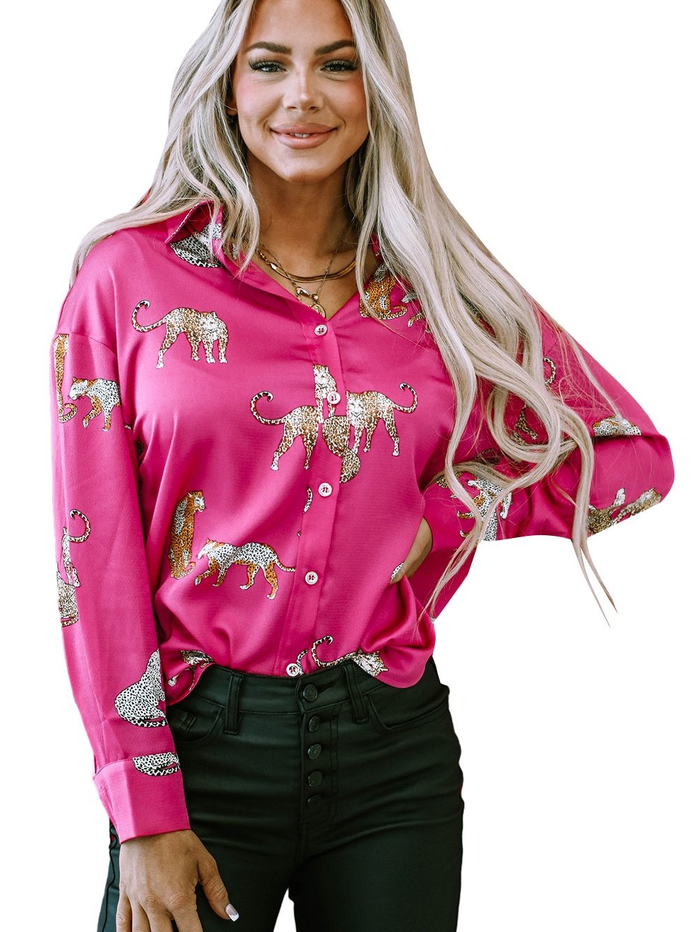 Blouses Loose V-Neck Animal Print Long Sleeve Blouse for Women