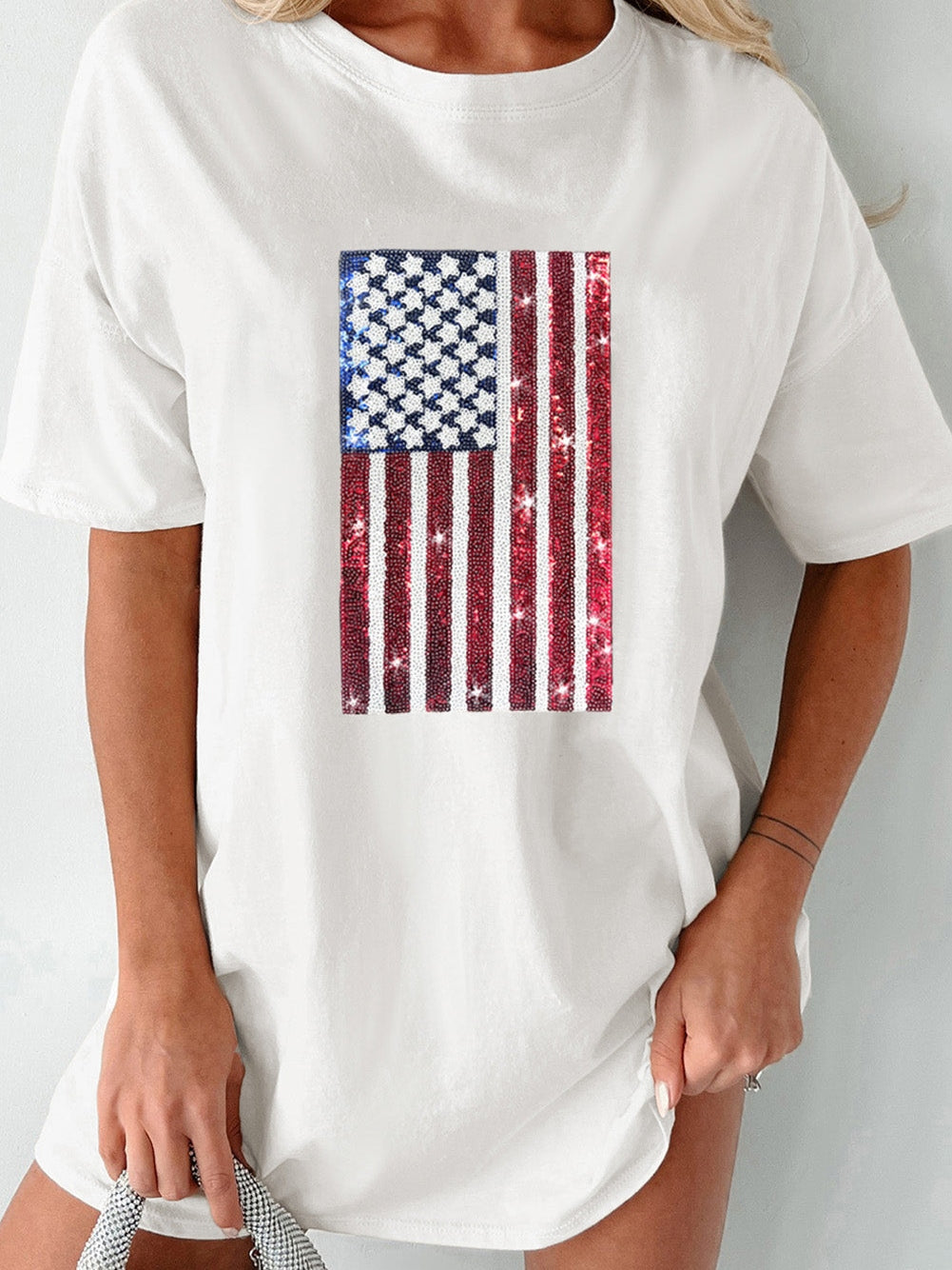 American Pride Sequined White Flag Oversized Crewneck Tee