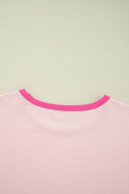 Pink Color Block Stitching Sleeve Round Neck Oversize Top