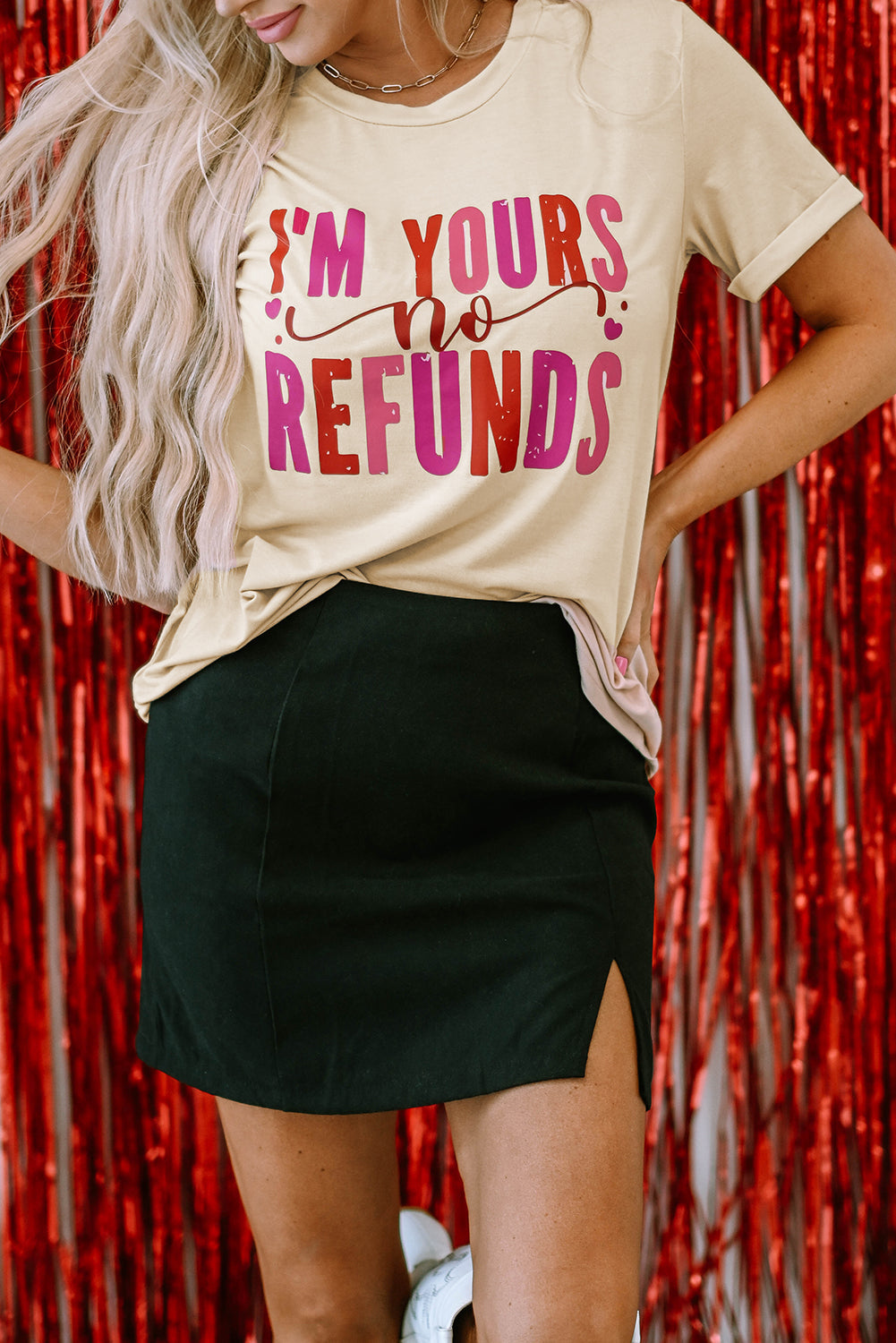 Khaki I'm Yours No Refunds Crew Neck T-Shirts