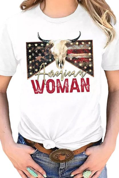 American Woman Bull Skull Print White Graphic Tee