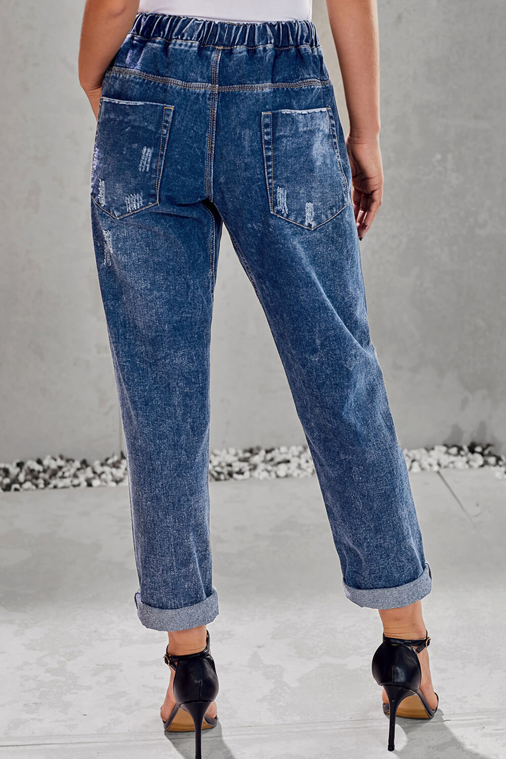 Women's Ripped Denim Trousers Straight Leg Pants