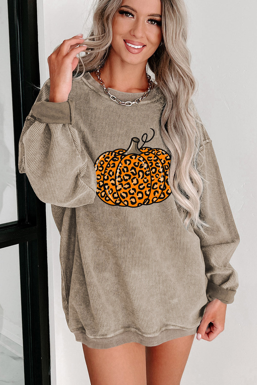 Khaki Halloween Leopard Pumpkin Graphic Corded Sweatshirt