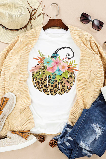 White Floral Leopard Pumpkin Graphic Halloween T Shirt