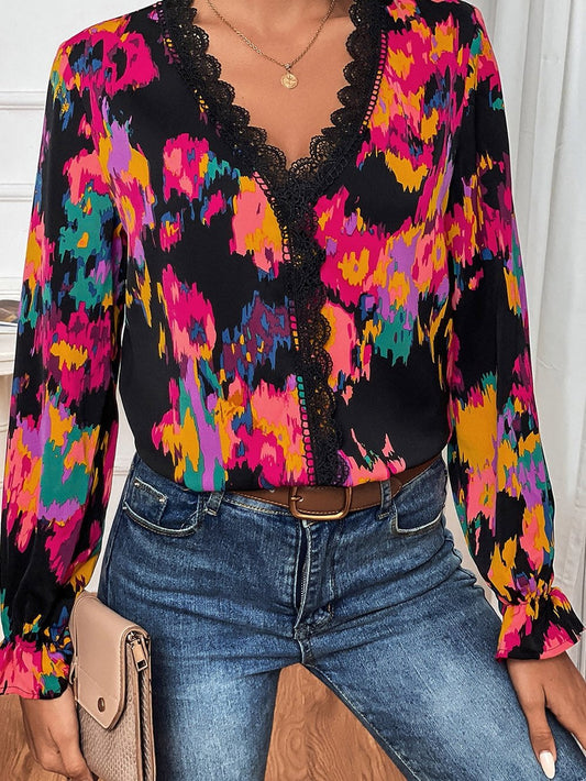 Abstract Black Lace V-Neck Blouse with Flounce Sleeves