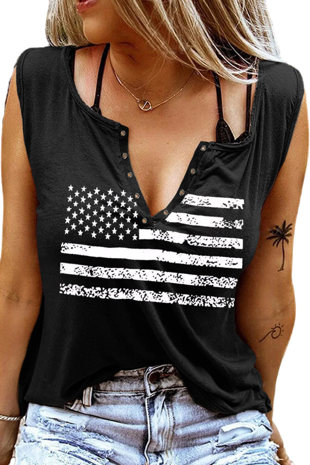 Black American Flag Print Split V Neck Sleeveless Top