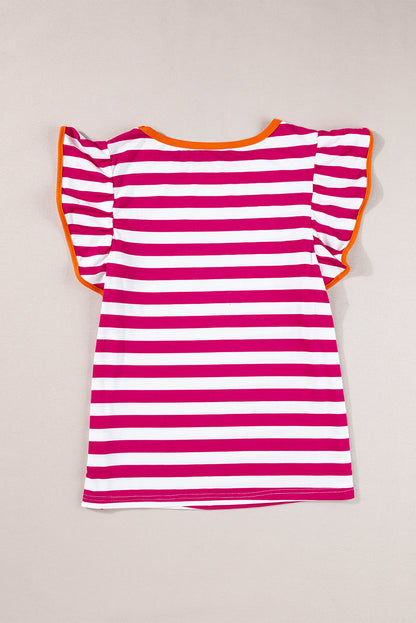 Rose Red Striped Ruffle Sleeve Crew Neck Blouse