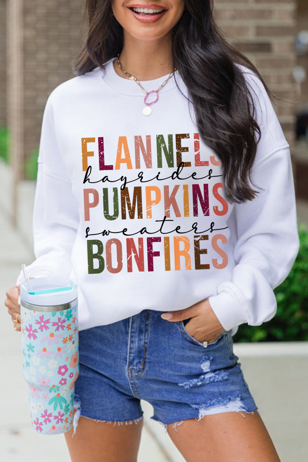 Beige FLANNELS PUMPKINS BONFIRES Graphic Drop Shoulder Sweatshirt