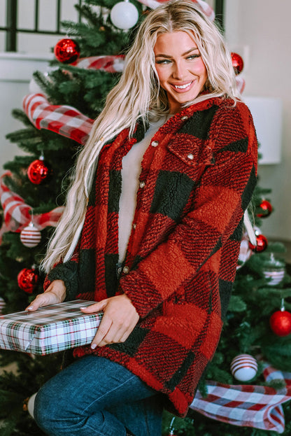 Brown Fuzzy Plaid Flap Button Up Midi Coat