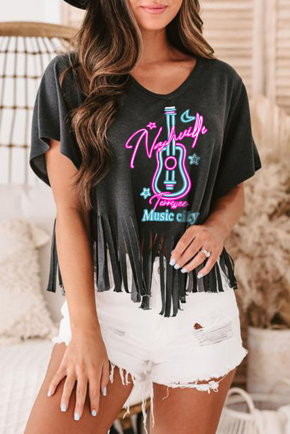 Black Nashville Forever V Neck Fringed T-Shirts