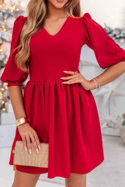 Racing Red Festive Half Puff Sleeve Pleated High Waist A-line Mini Dress