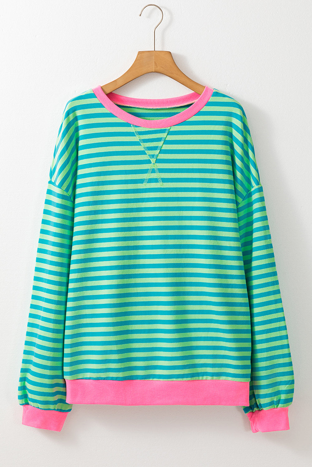 Sky Blue Stripe Oversized Contrast Trim Pullover Sweatshirt