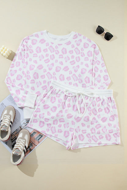 Pink Leopard Print Long Sleeve Top Plus Size Shorts Set