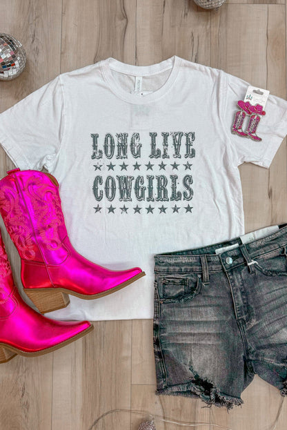 White LONG LIVE COWGIRLS Star Print Round Neck T Shirt