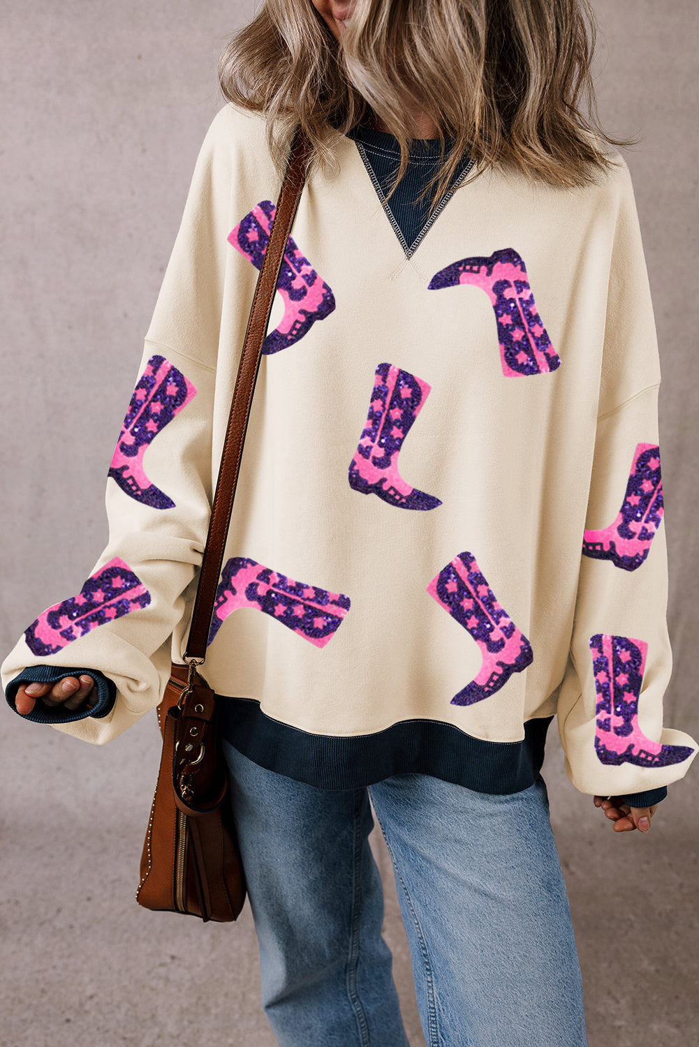 White Western Boots Colorblock Patchwork Sweatshirt