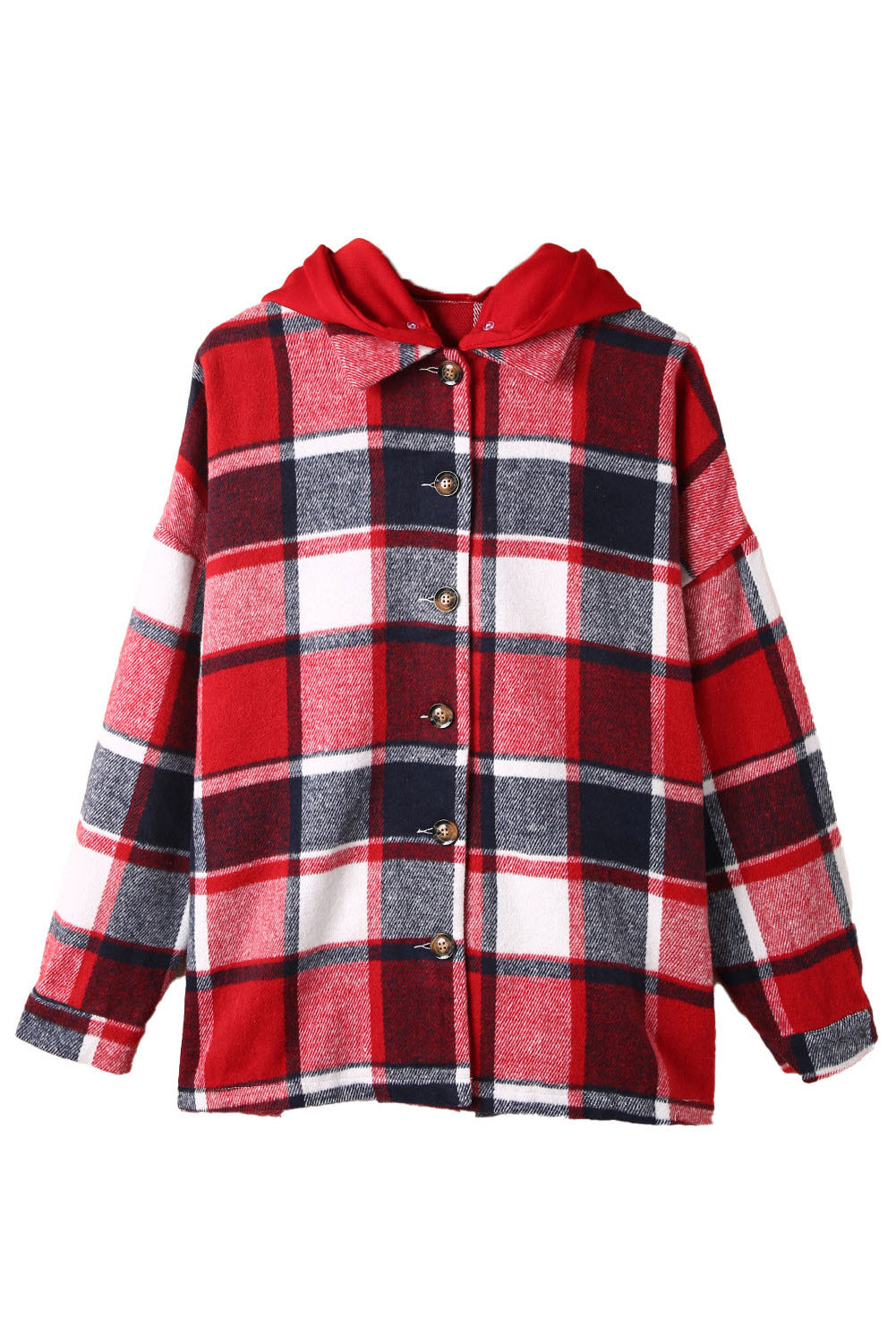 Fiery Red Hooded Plaid Button Front Shacket