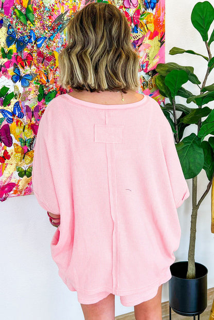 Light Pink Waffle Knit Oversize Tee and Shorts Set