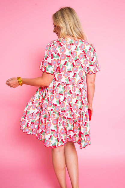 Multicolour Flower Print Scalloped Short Sleeve Ruffled Dress