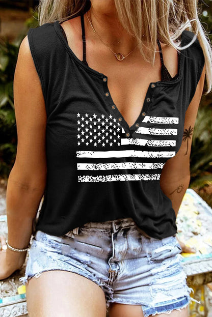 Black American Flag Print Split V Neck Sleeveless Top