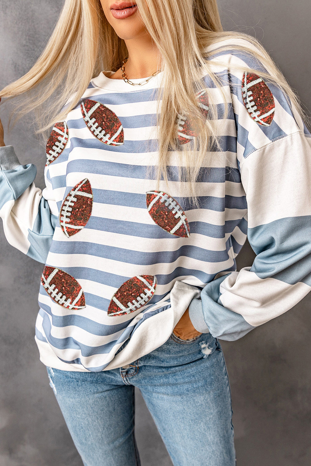 Stripe Sequined Rugby Football Pattern Pullover Sweatshirt