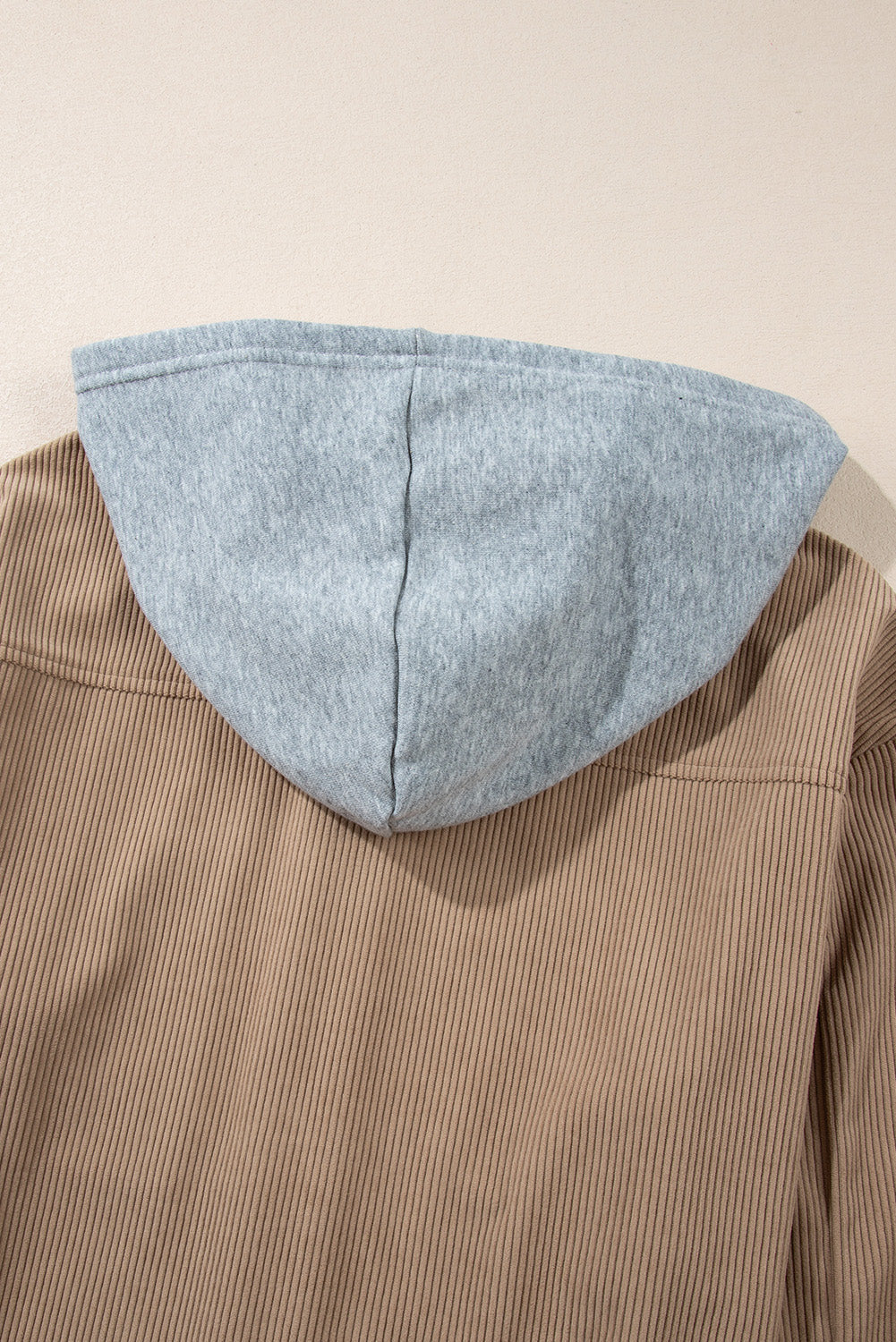 Pale Khaki Hooded Drawstring Pockets Corduroy Shacket