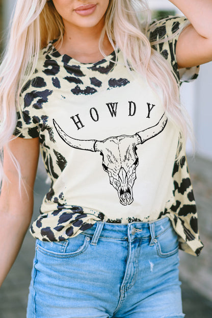 Leopard HOWDY Steer Head Leopard Bleached Crewneck T Shirt