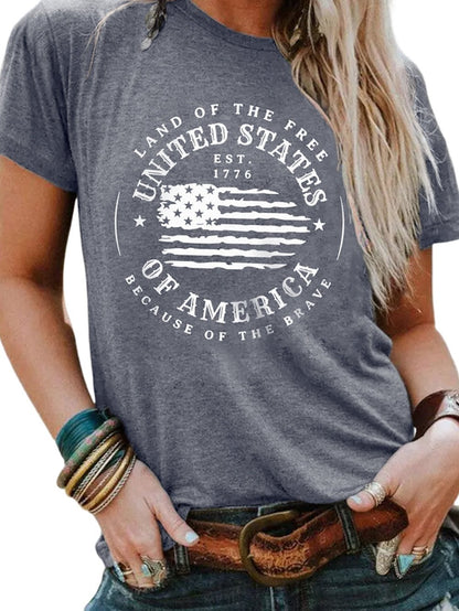 American Flag Print Gray Graphic Tee - Patriotic Short Sleeve T-Shirt