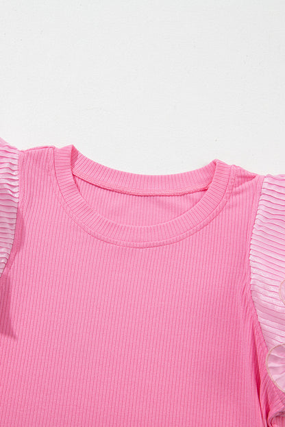 Strawberry Pink Ruffled Pleated Mesh Sleeve Ribbed Knit Slim Fit T Shirt