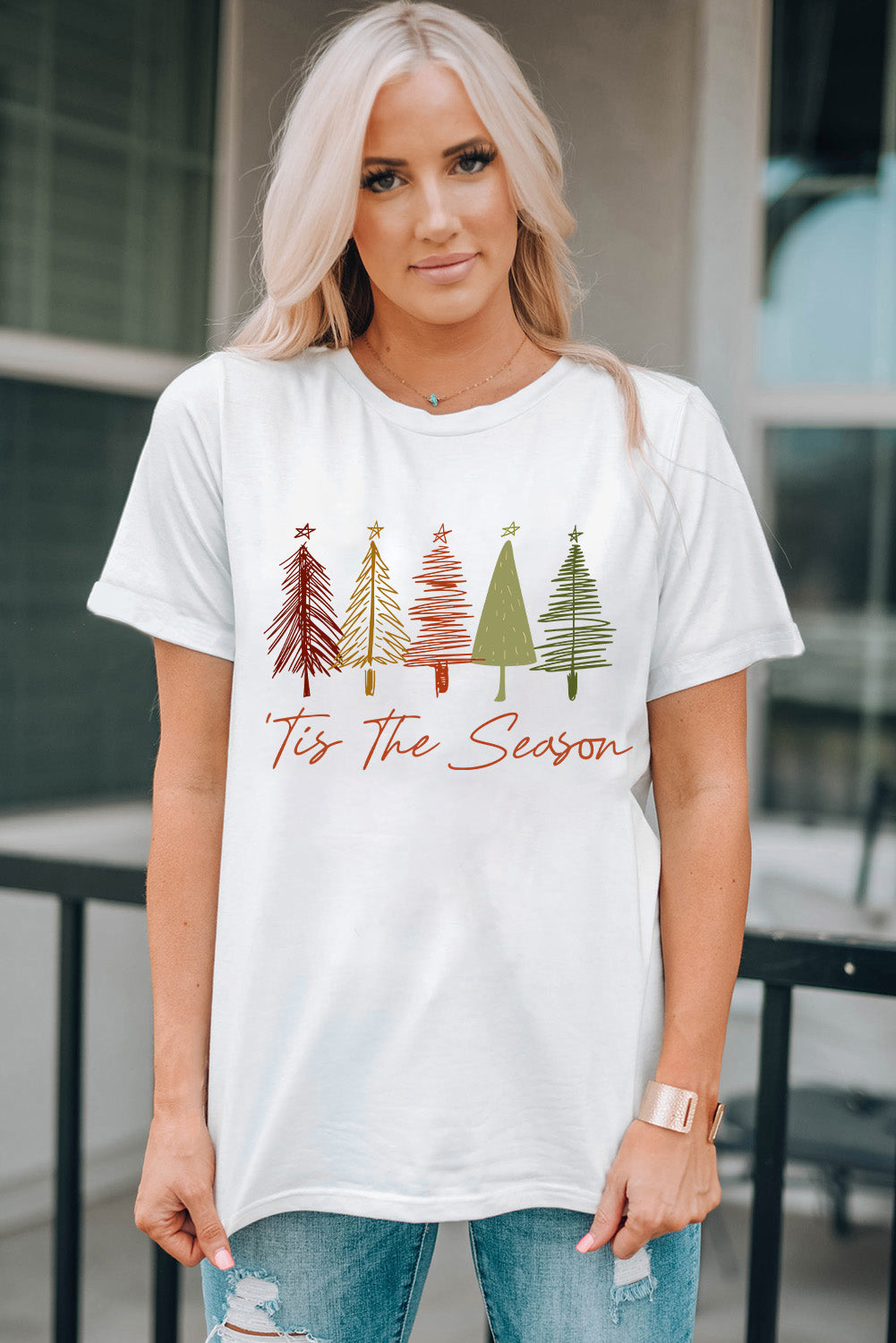 White Cute Christmas Trees Print Crew Neck T Shirt