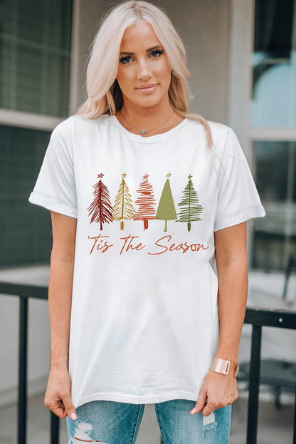 White Cute Christmas Trees Print Crew Neck T Shirt