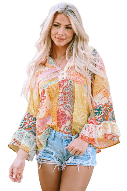 Vintage Map Print V-Neck Long Sleeve Blouse with Casual Flair