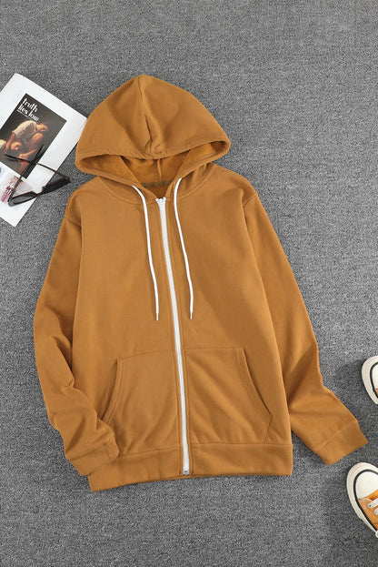 Brown Zip-Up Pocket Drawstring Hoodie Jacket