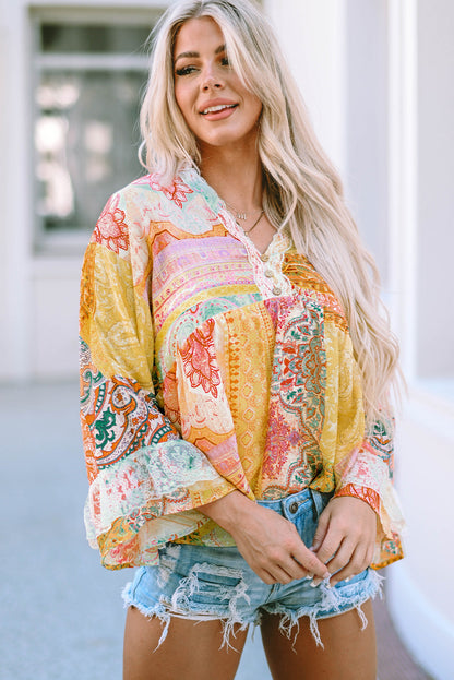 Vintage Map Print V-Neck Long Sleeve Blouse with Casual Flair