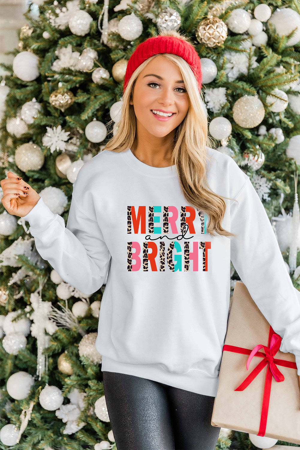 White MERRY and BRIGHT Leopard Print Pullover Sweatshirt