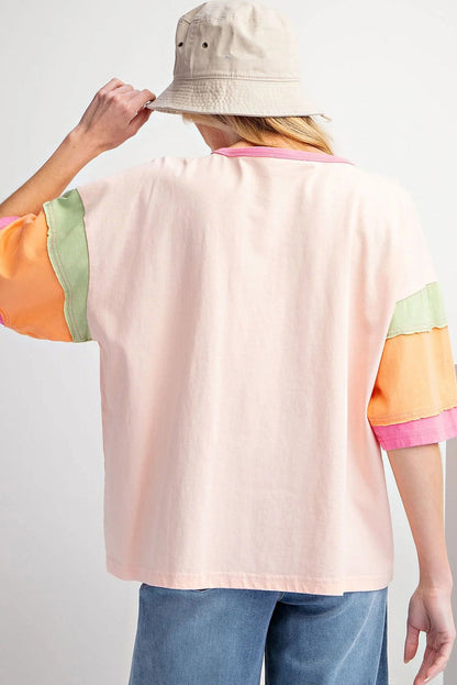 Pink VACAY Printed Color Block Half Sleeve Graphic T Shirt