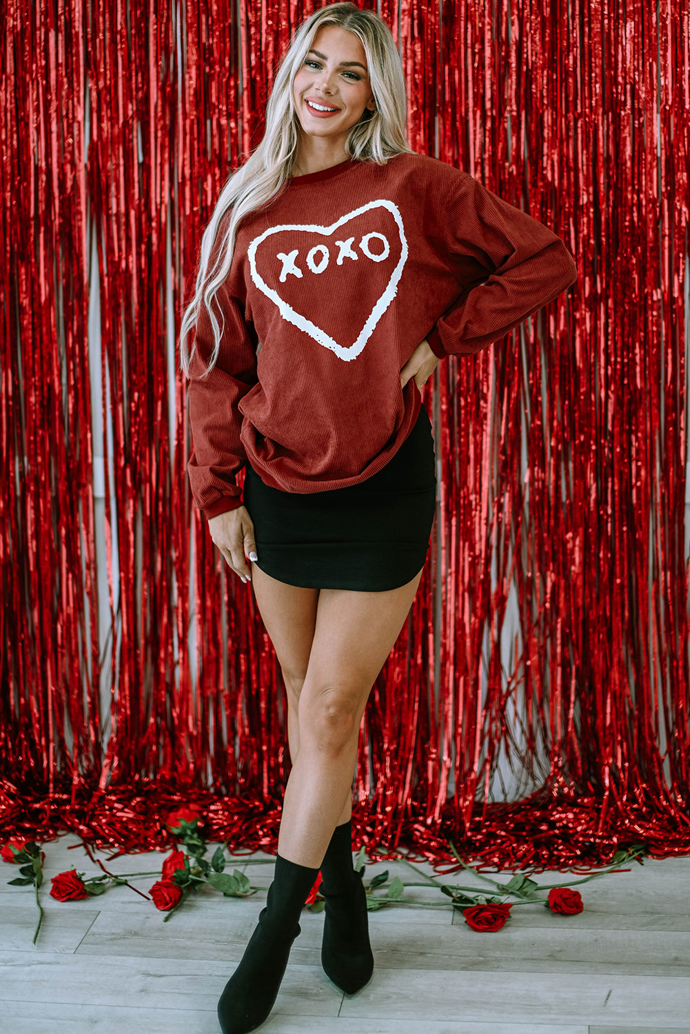 Racing Red XOXO Heart Shape Graphic Corded Sweatshirt