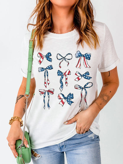 American Flag Print Bowknot Graphic Tee in White